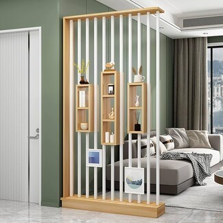 Room Divider: Bicolor Design Slat Wall with Integrated Shelving