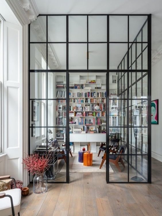 Room Divider Black Metal Frame Parisian Style Glass Wall