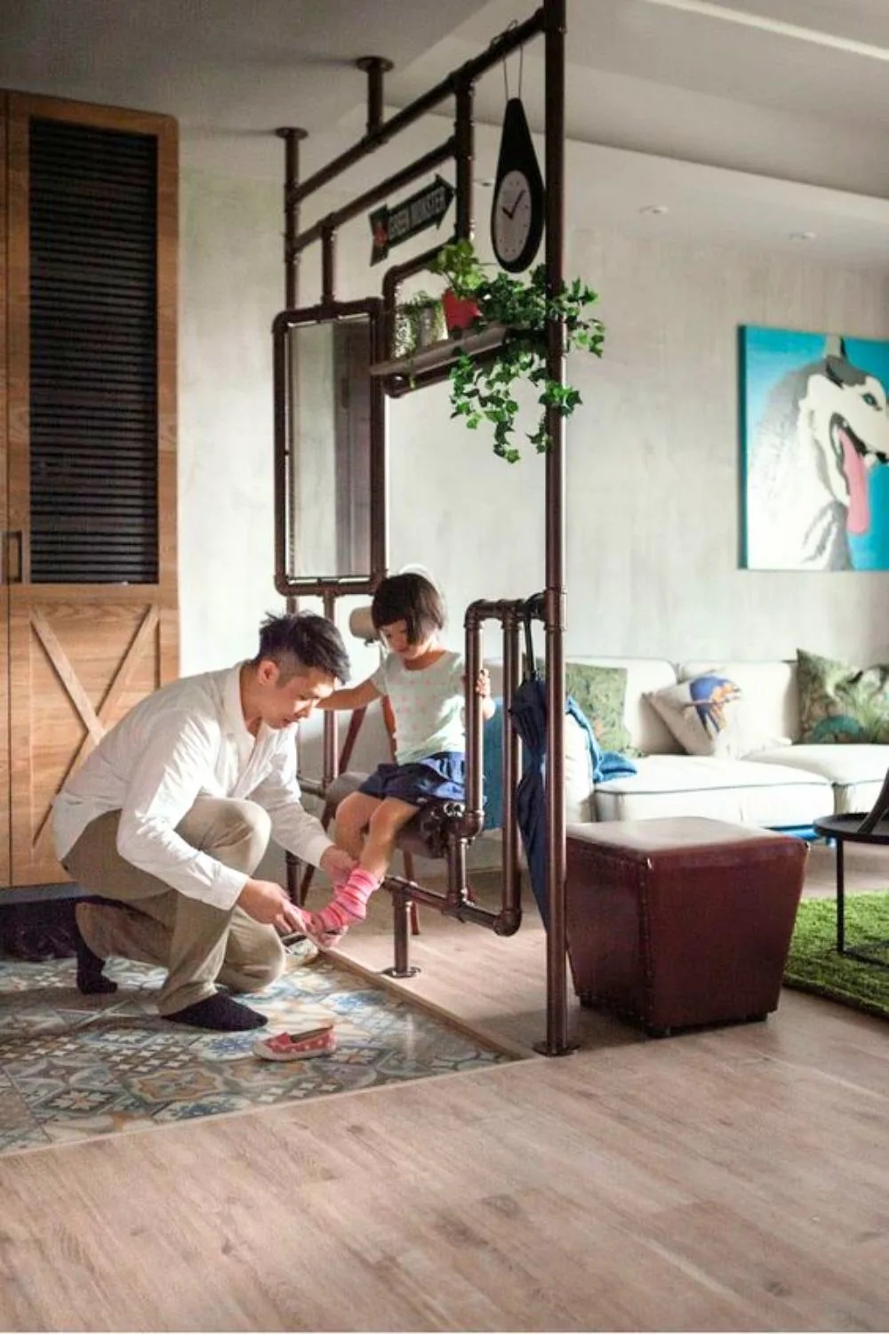 Room Divider: Industrial Pipe Frame with Built-in Seating Bench