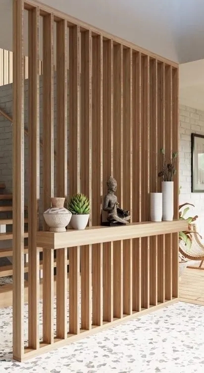 Room Divider: Integrated Shelf Vertical Slat Wall Partition