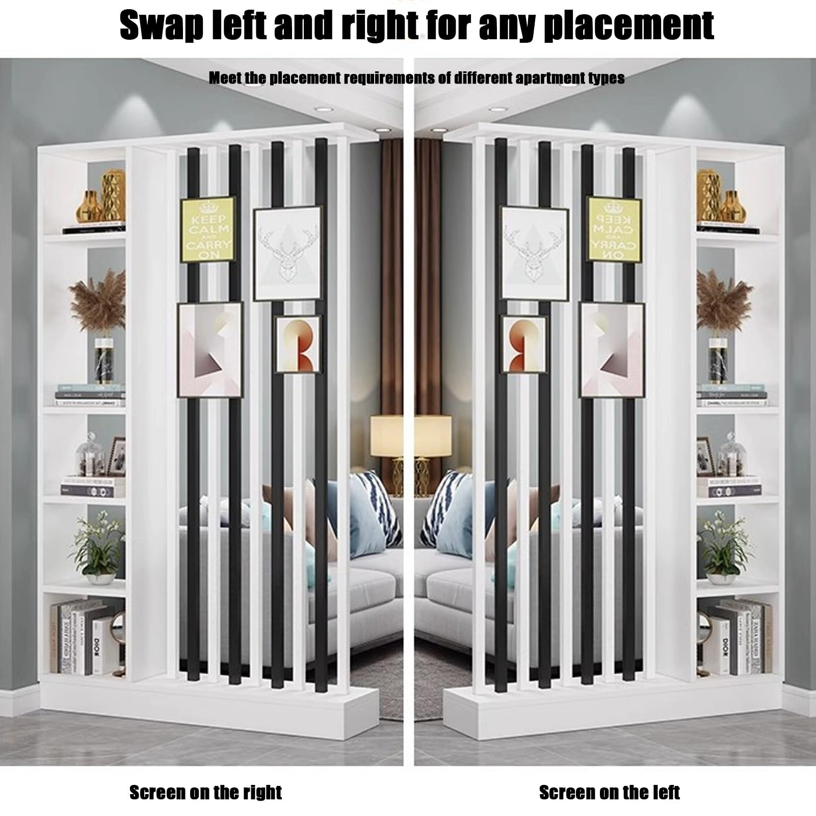 Room Divider: Reversible Layout White Shelving Entrance Partition