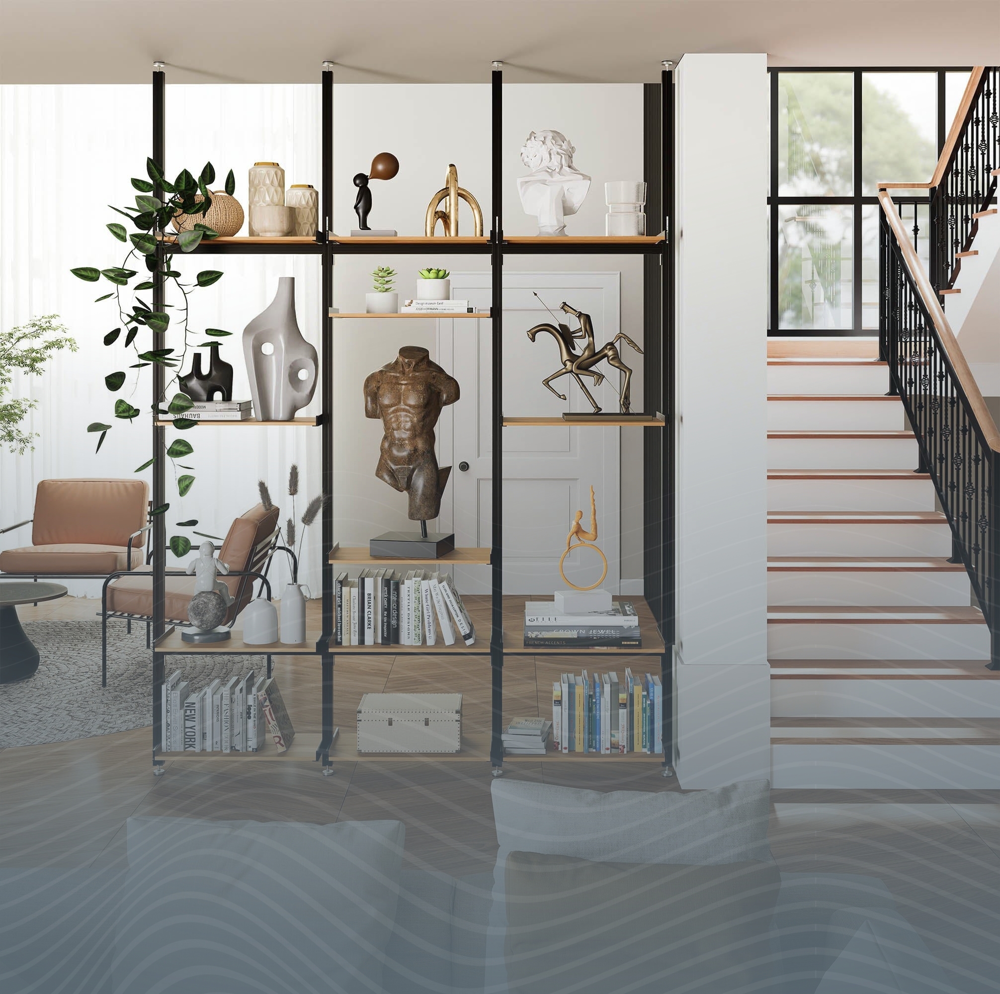 Room Divider: Slim Metal Frame Open Back Architectural Shelving