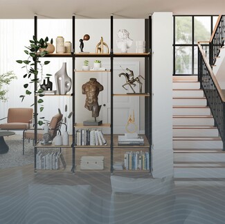 Room Divider: Slim Metal Frame Open Back Architectural Shelving