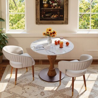 Round Breakfast Table with Turned Wood Pedestal and Stone Top