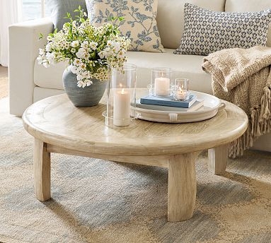 Round Coffee Table: Coastal Low Profile Table with Thick Legs