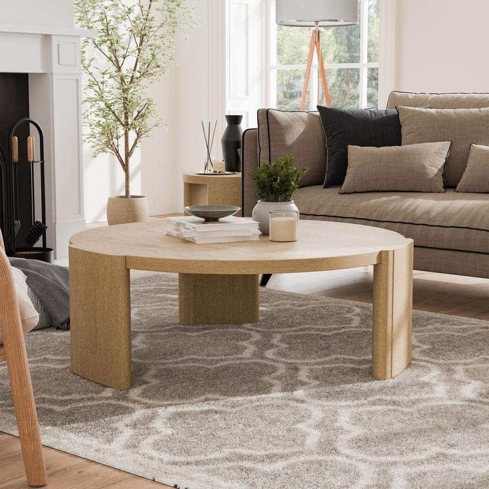Round Coffee Table: Curved Plinth Base Table in Natural Oak