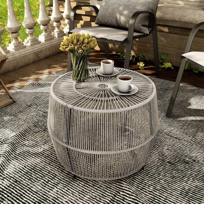 Round Coffee Table: Grey Sunburst Round Table in Woven Fiber