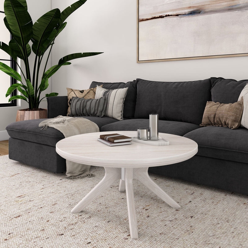 Round Coffee Table: Whitewashed Round Coffee Table on Cross Legs
