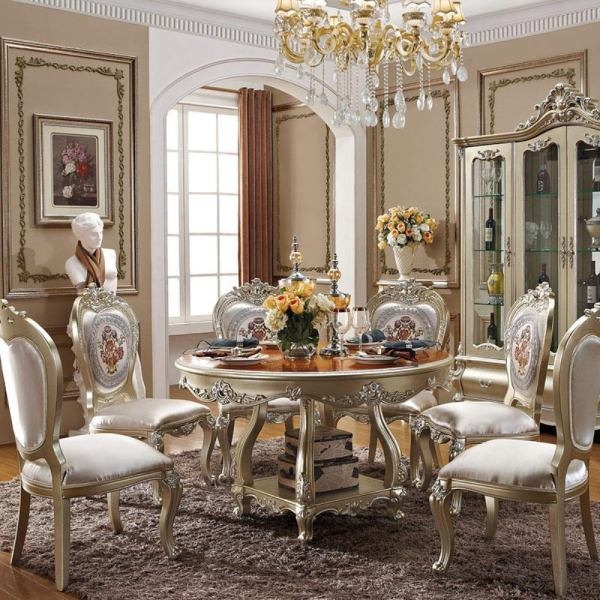 Round Dining Set with Champagne Gold and Embroidered Backs