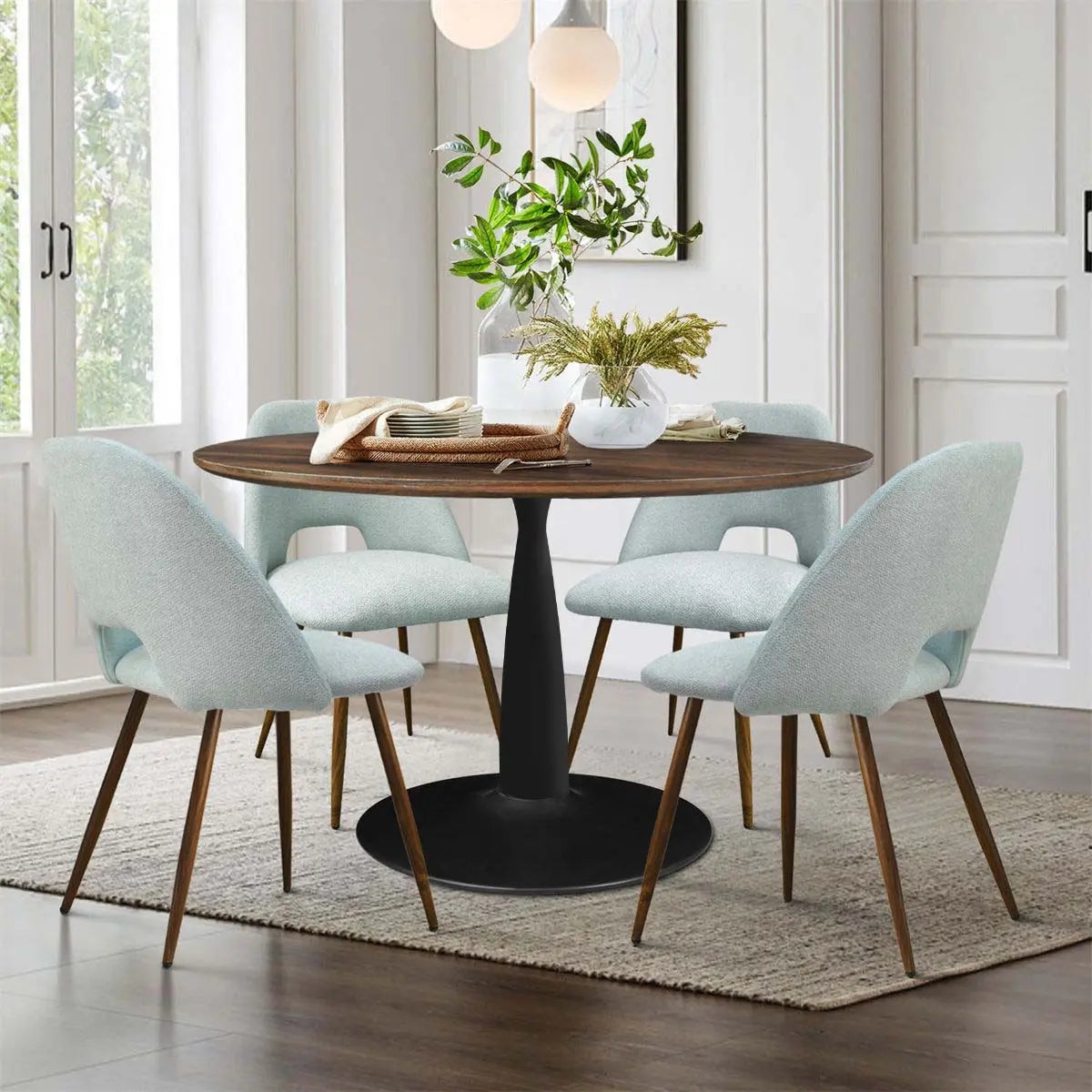 Round Dining Set with Light Blue Upholstery and Cutouts