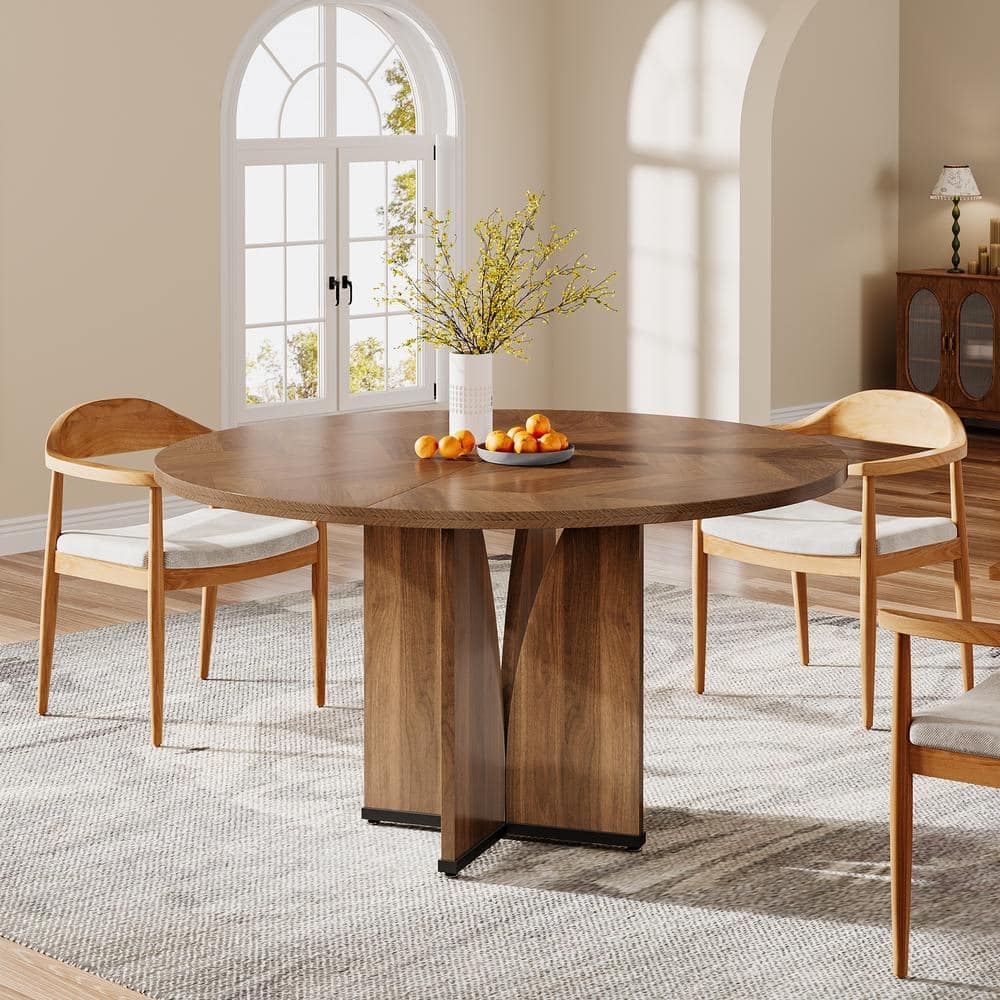 Round Dining Table featuring Chevron Pattern Top Pedestal