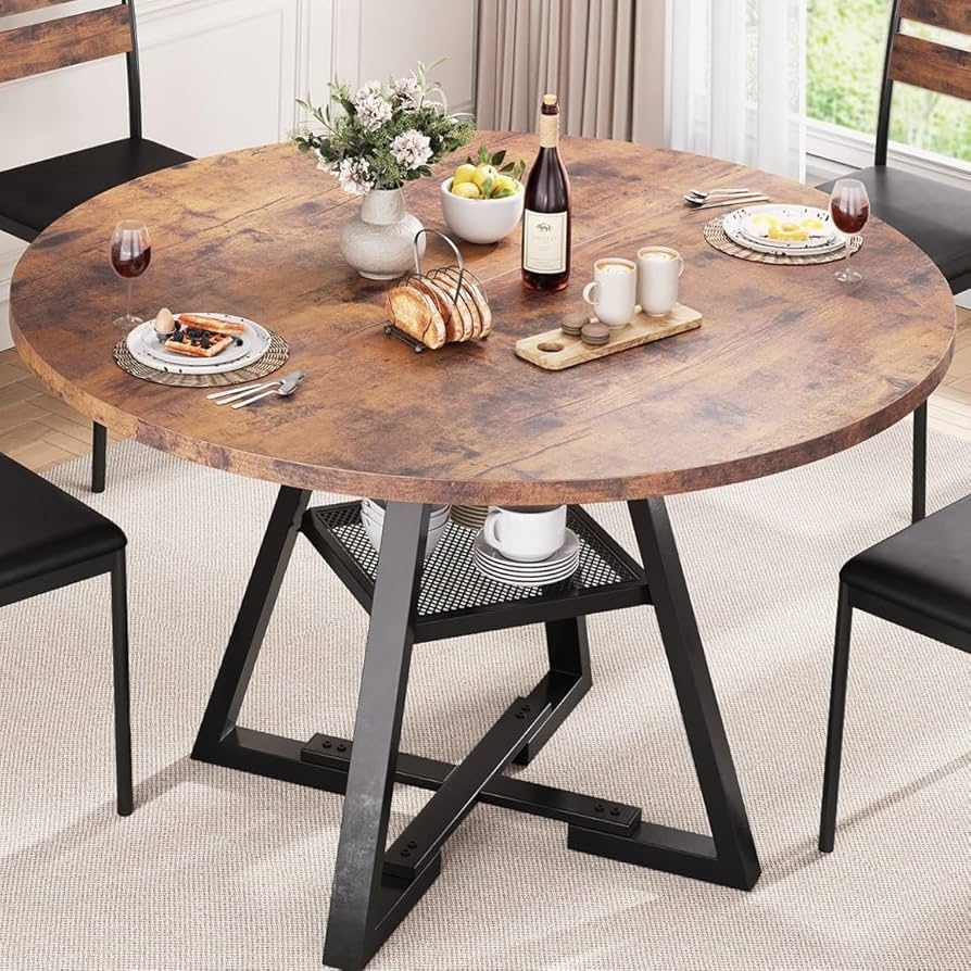 Round Dining Table Integrated Mesh Shelf with Metal Base