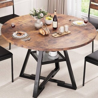 Round Dining Table Integrated Mesh Shelf with Metal Base