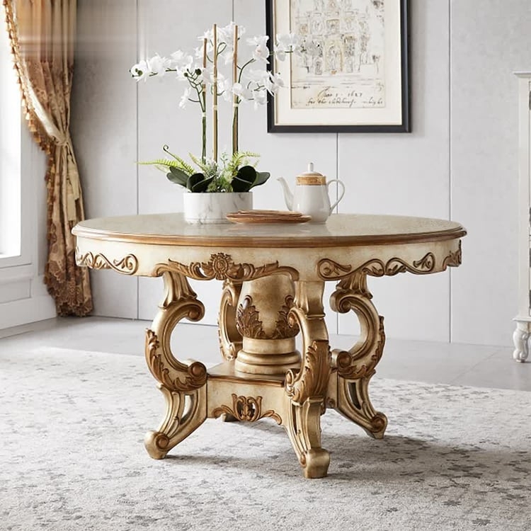 Round Dining Table Ornate Scrolled Legs and Gold Accents