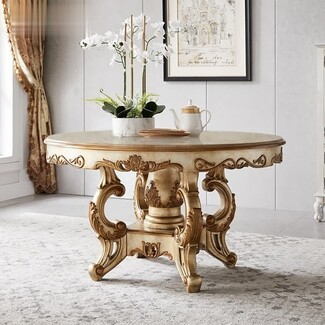 Round Dining Table Ornate Scrolled Legs and Gold Accents