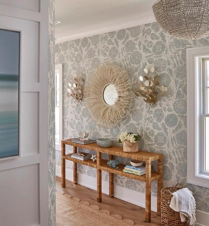 Round Mirror: Shaggy Fiber Frame Blue Floral Wallpaper