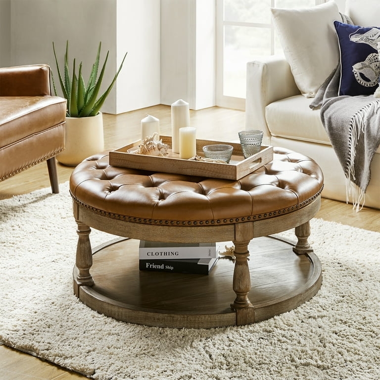 Round Ottoman Coffee Table: Camel Leather and Turned Legs