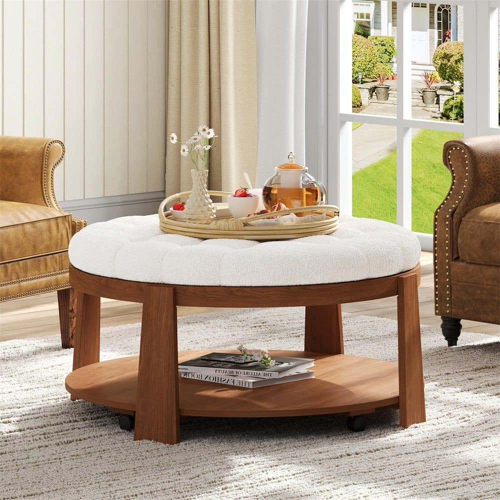 Round Ottoman: Ivory White Tufted Top with Hidden Wheels