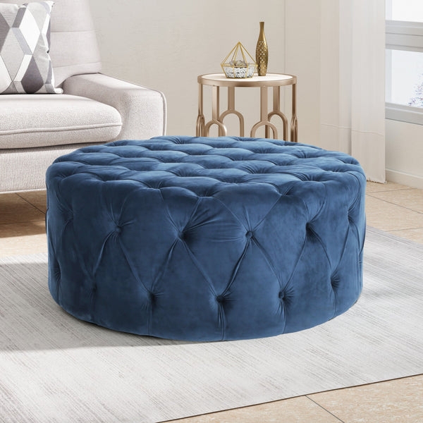 Round Ottoman: Navy Blue Velvet Diamond Tufted Cocktail Table