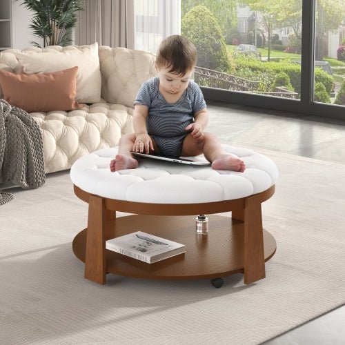 Round Ottoman: Off White Rolling Base Two Tier Storage