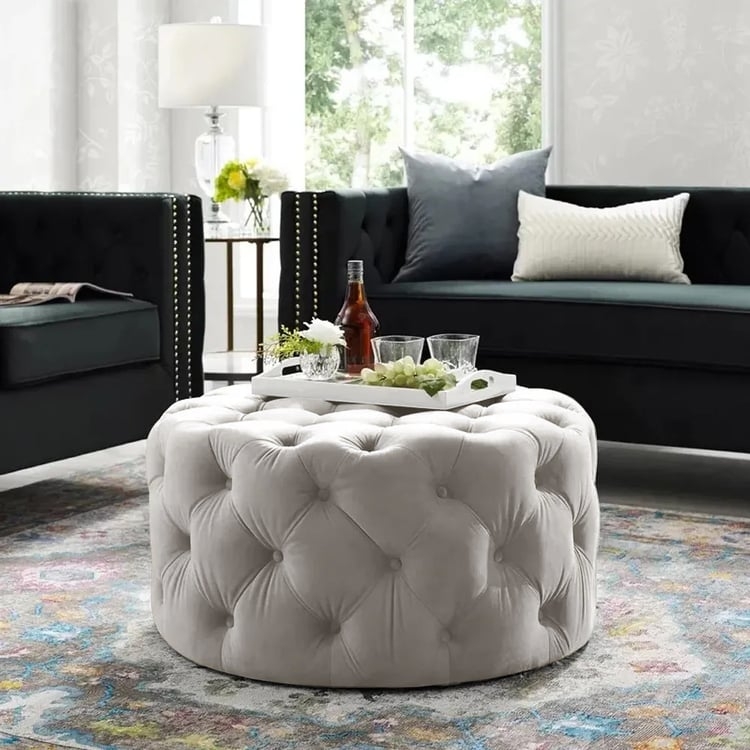 Round Ottoman: Oversized Light Gray Velvet Tufted Drum