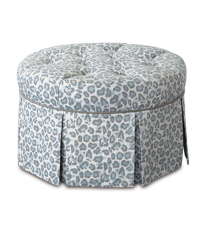 Round Ottoman with Kick Pleated Skirt and Blue Print Style