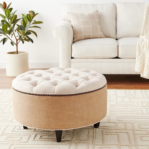 Round Tufted Ottoman: Linen Top with Burlap Wrap Sides