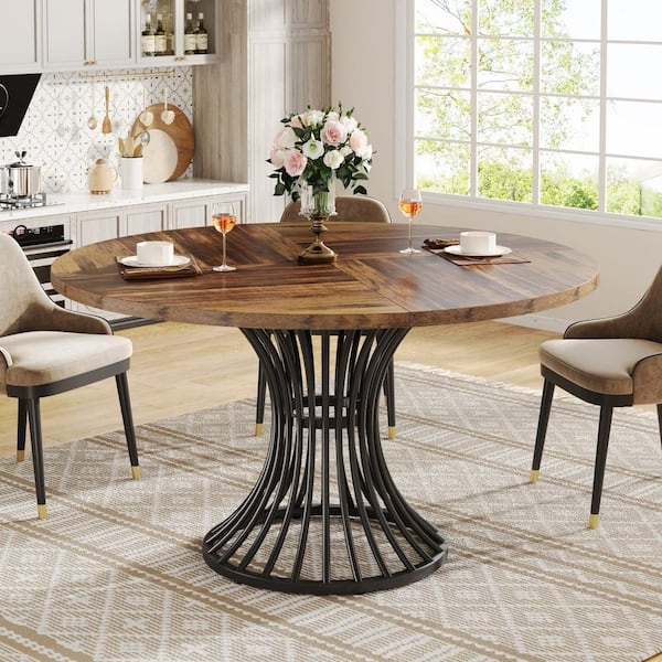 Round Wood Dining Table featuring Hourglass Metal Base