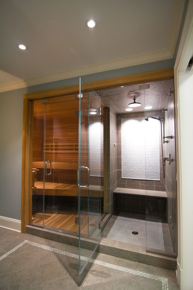 Sauna Shower Combo Frameless Glass Doors Tiered Wellness Suite