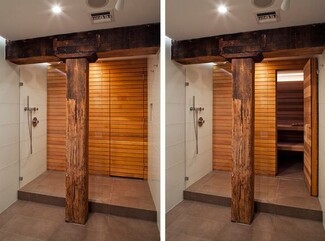 Sauna Shower Combo Weathered Timber Post Rustic Shower Design