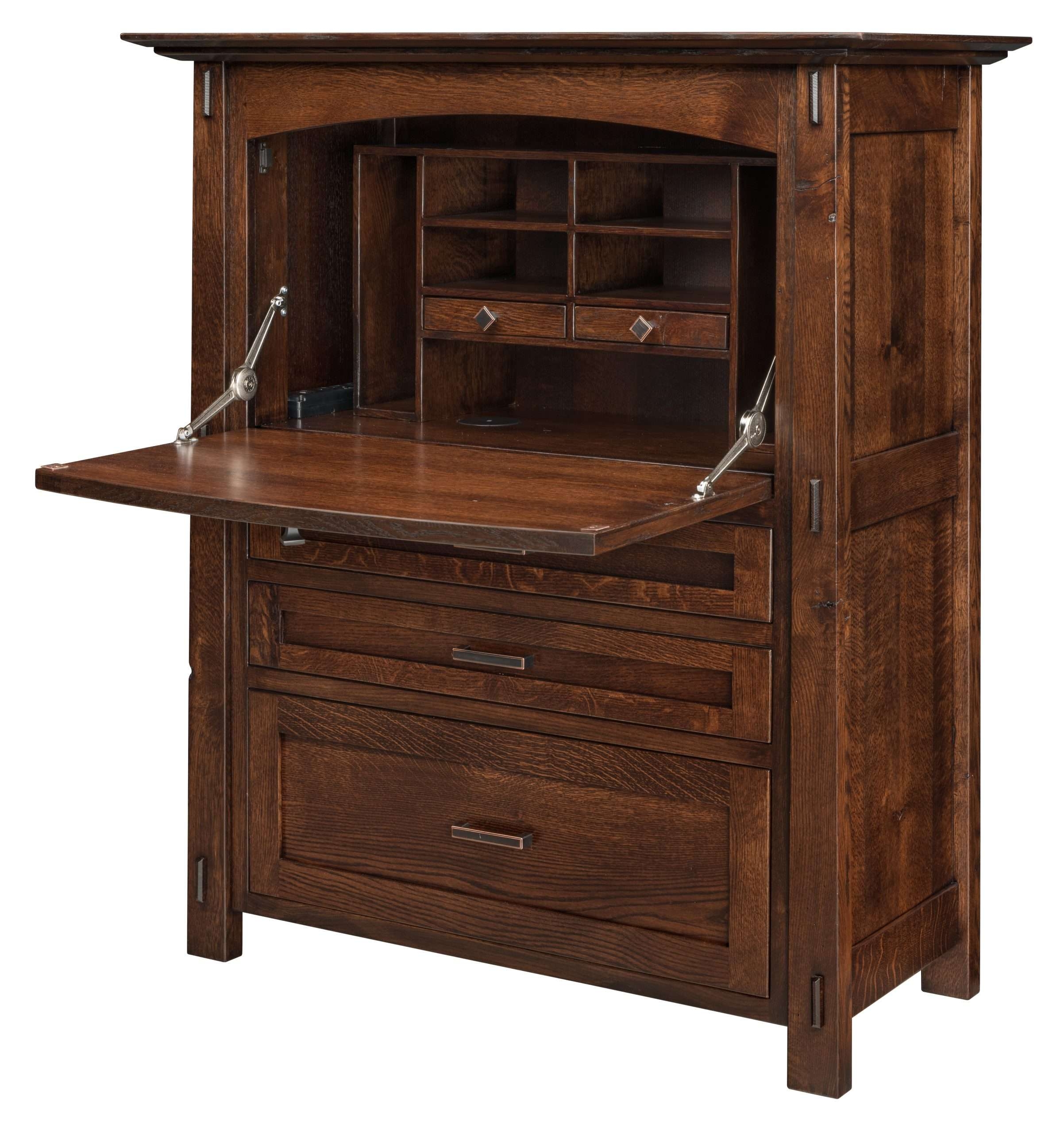 Secretary Desk: Dark Walnut Drop Front Hidden Home Office