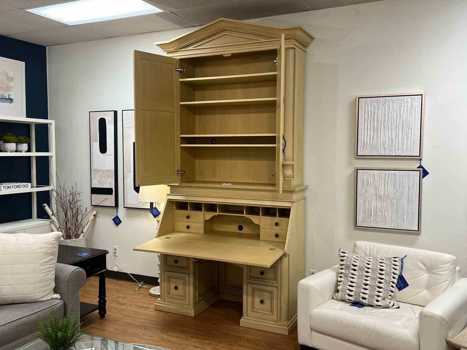 Secretary Desk: Flax Yellow Pediment Top Drop Front Library