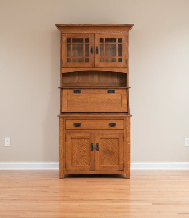 Secretary Desk: Honey Brown Drop Front with Mullion Glass Doors