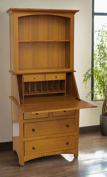 Secretary Desk: Honey Oak Arched Hutch and Drop-Front Writing Desk