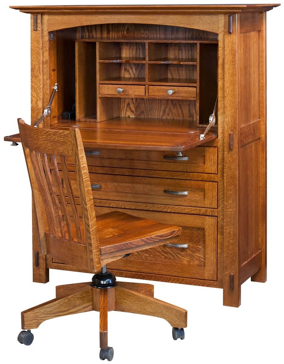 Secretary Desk: Mission Style Slat Back with Hutch Organizer