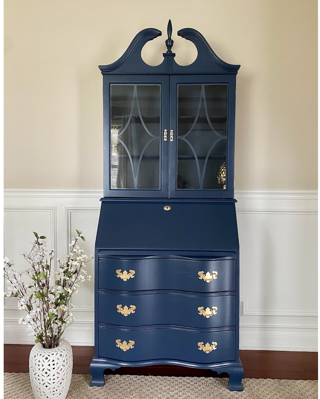Secretary Desk: Naval Blue Serpentine Front and Antique Mahogany