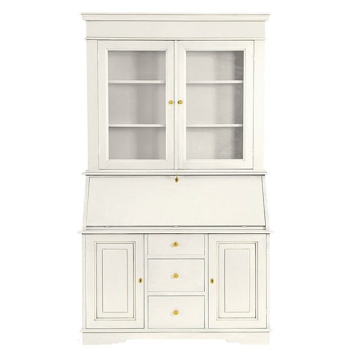 Secretary Desk: White Slant Front with Glass Door Storage Cabinet