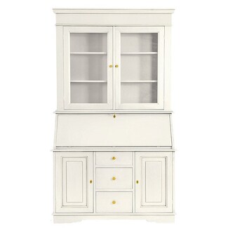 Secretary Desk: White Slant Front with Glass Door Storage Cabinet
