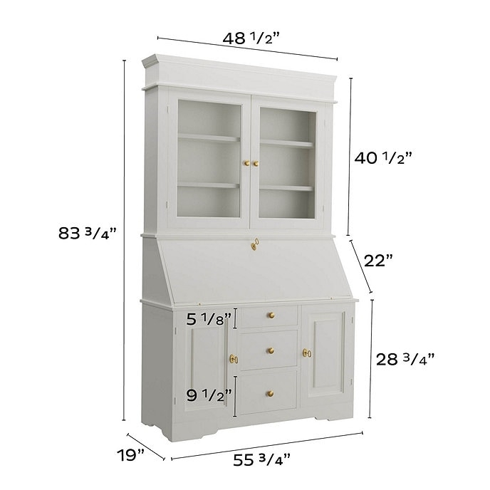 Secretary Desk: White Tiered Base and Large Glass Front Hutch Unit
