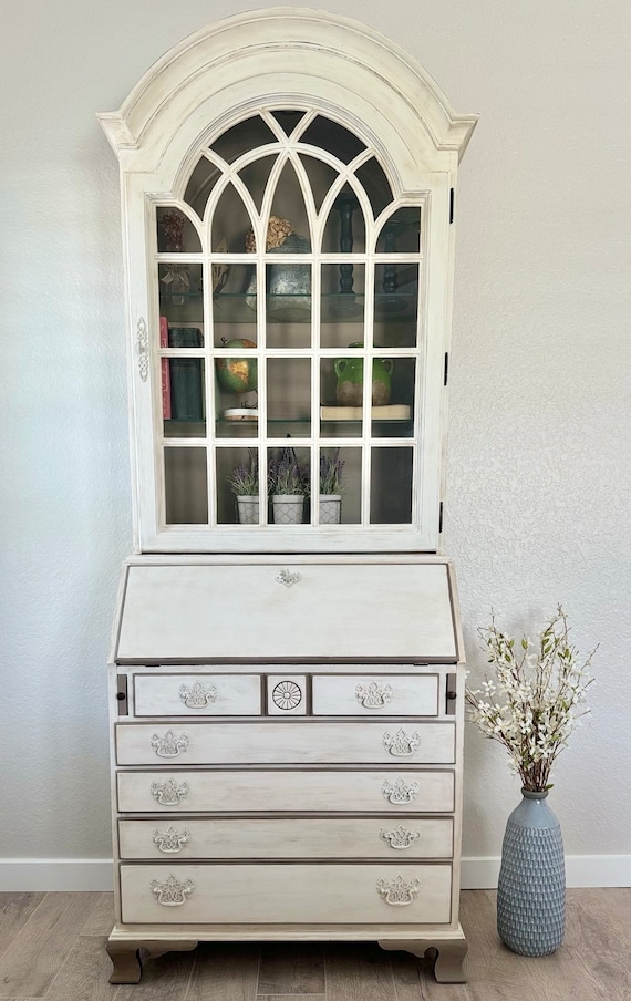 Secretary Hutch: Cream Gothic Arched Glazing and Distressed Desk