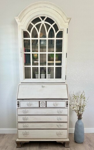 Secretary Hutch: Cream Gothic Arched Glazing and Distressed Desk