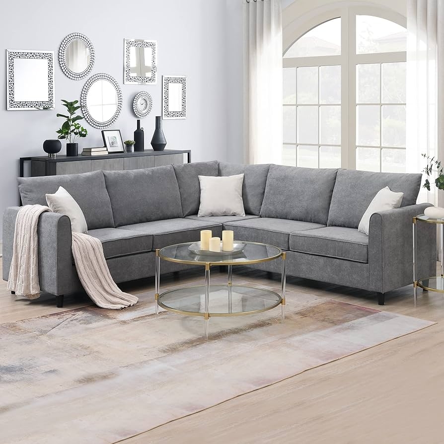 Sectional Sofa: Acrylic Table Pairing Grey L-Shaped Seating