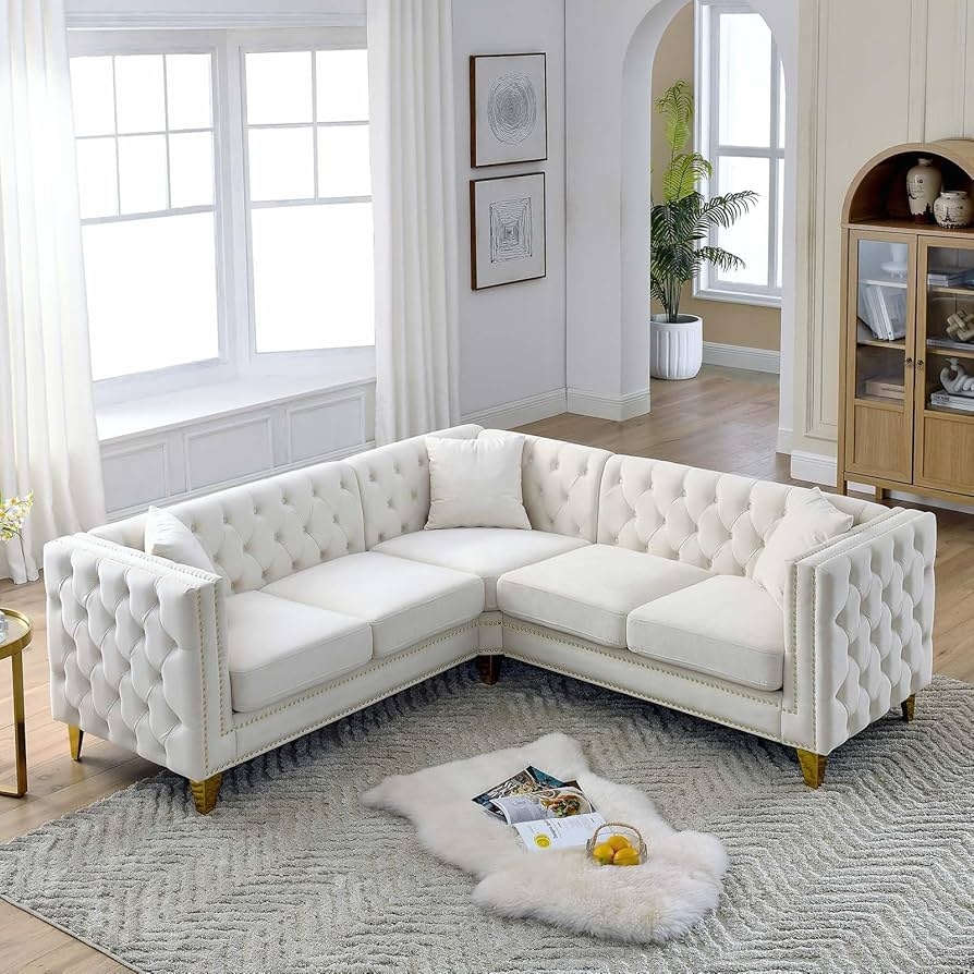 Sectional Sofa: Beige Velvet Sectional Sofa with Nails