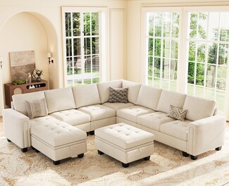 Sectional Sofa: Button Tufted Seats with Matching Storage Ottoman