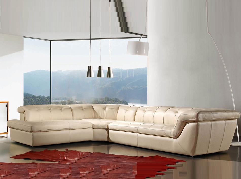 Sectional Sofa: Channel Tufted Beige Leather in L-Shaped Corner