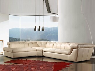 Sectional Sofa: Channel Tufted Beige Leather in L-Shaped Corner