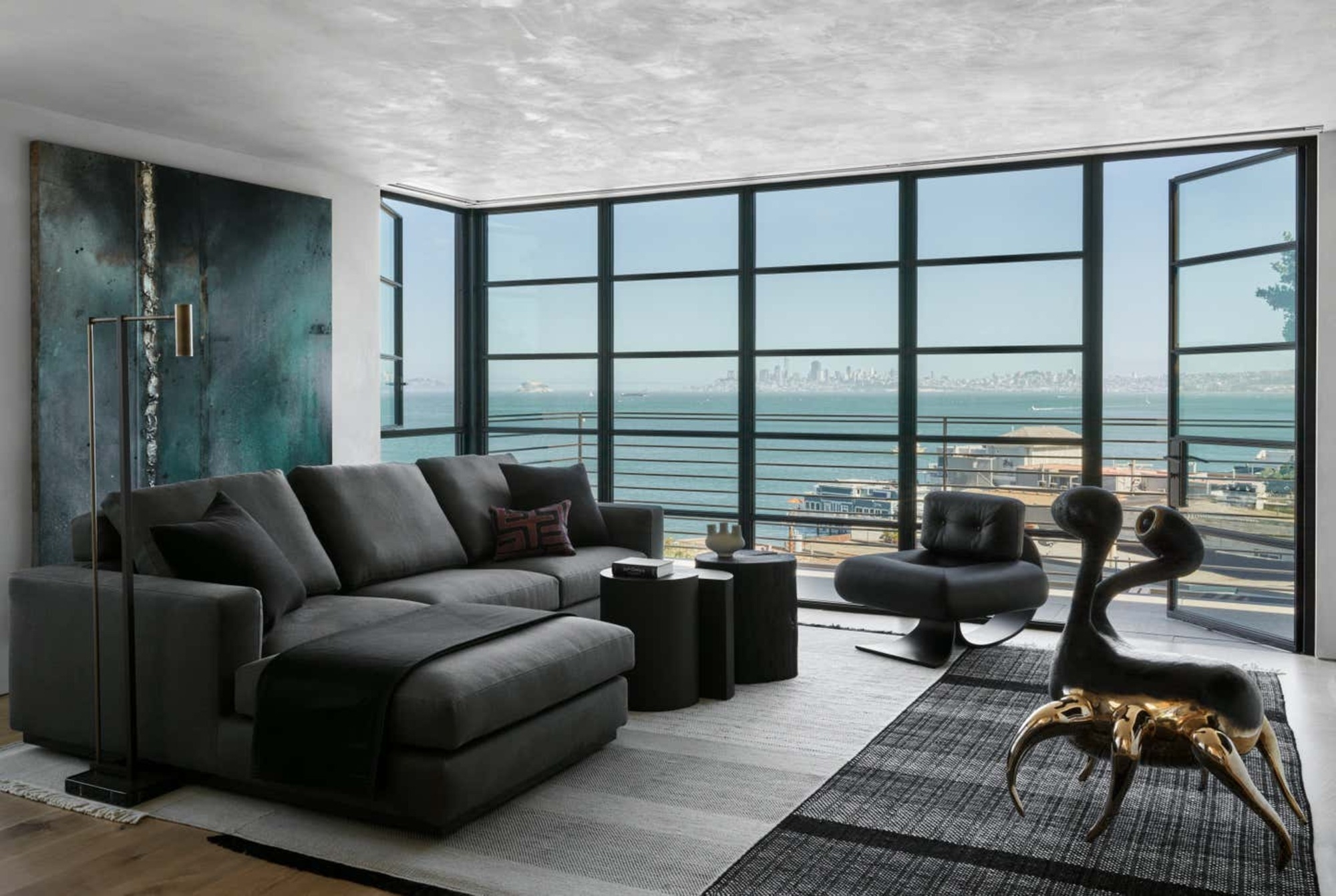 Sectional Sofa: Charcoal Fabric with Grid Pattern Area Rug