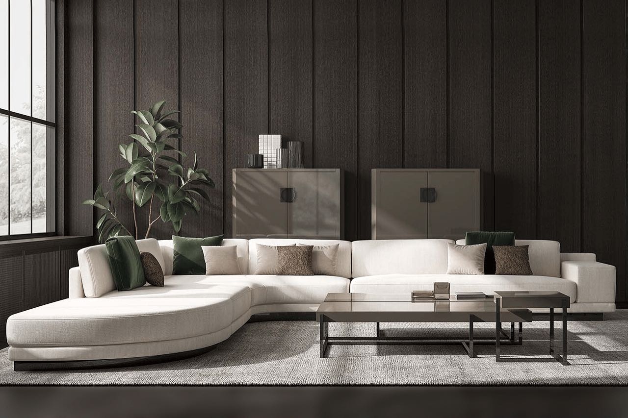 Sectional Sofa: Curved Chaise Vertical Slat Wall Ivory Lounge