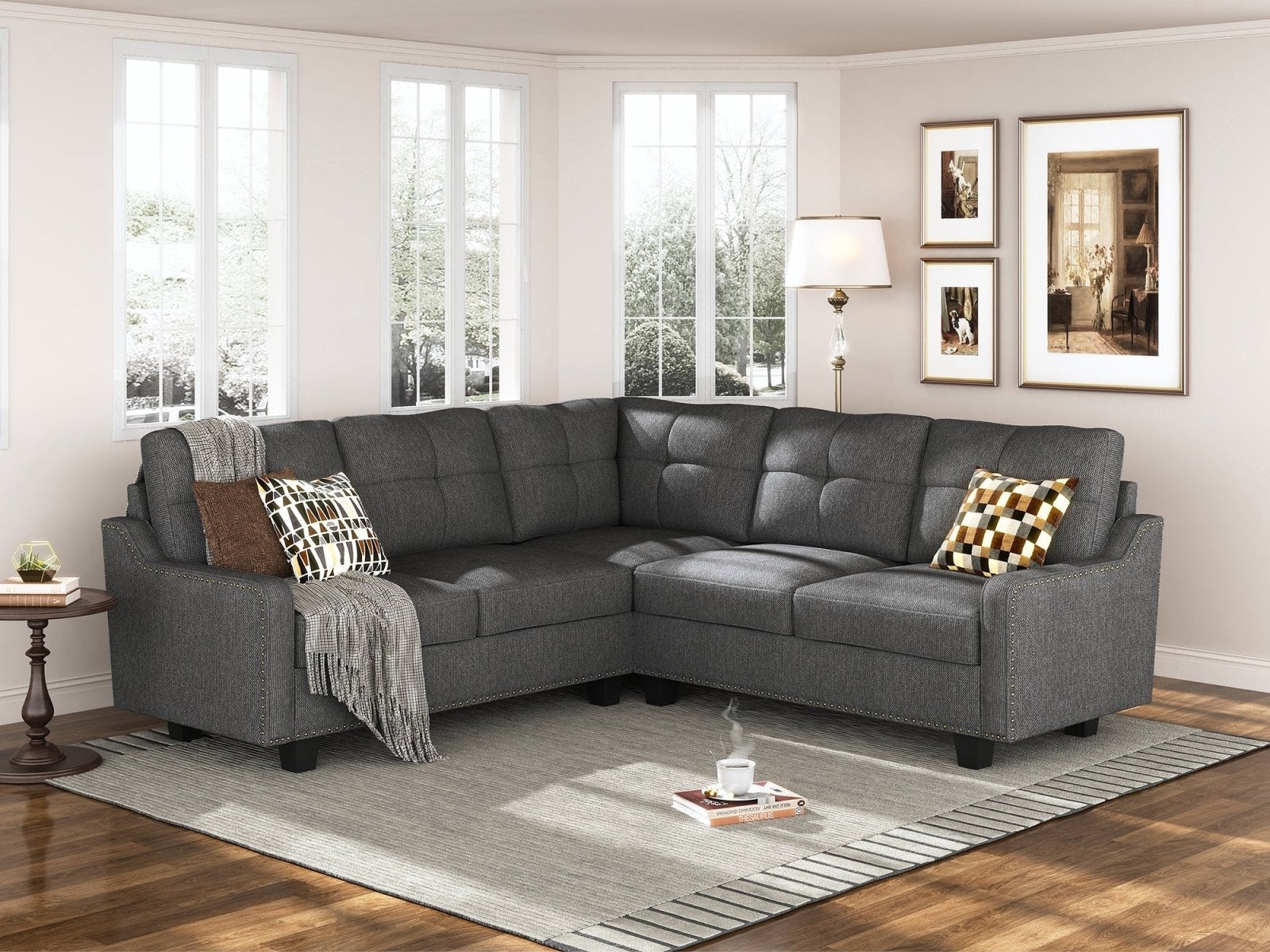 Sectional Sofa Dark Grey Nailhead Trim Tufted Back