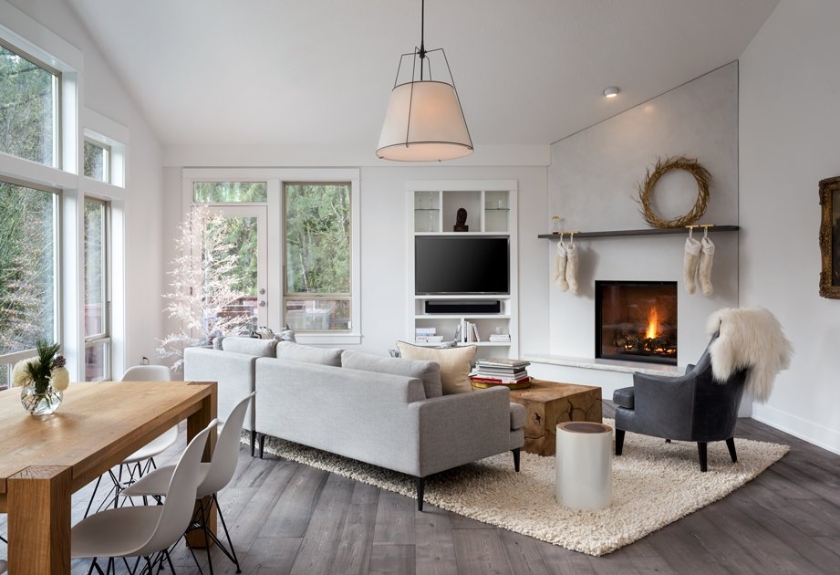 Sectional Sofa Grey Washed Flooring: Scandinavian farmhouse living room.